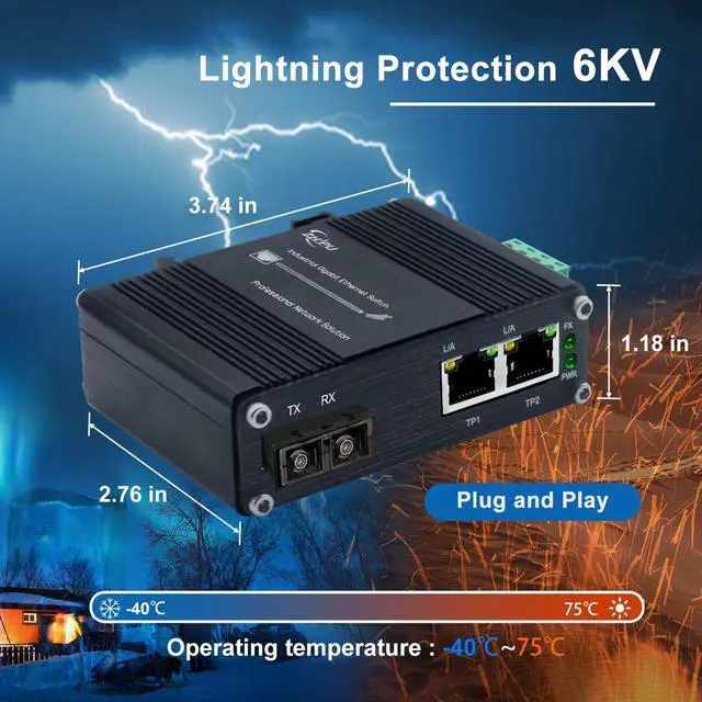 Alt view image 5 of 5 - Industrial 1.25G SC Fiber to Ethernet Media Converter Up to 20KM, 1x1310nm Single-Mode SC Port to 2X 10/100/1000Base-T RJ45 Gigabit 2 Port Fiber Switch, 12~48V DC Power InputDIN-Rail Support