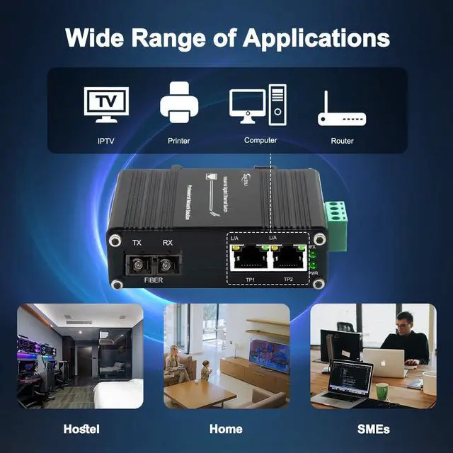 Alt view image 4 of 5 - Industrial 1.25G SC Fiber to Ethernet Media Converter Up to 20KM, 1x1310nm Single-Mode SC Port to 2X 10/100/1000Base-T RJ45 Gigabit 2 Port Fiber Switch, 12~48V DC Power InputDIN-Rail Support