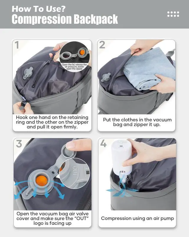 Alt view image 3 of 5 - hapfoxx Vacuum Travel Backpack with Pump,Personal Item Carry on Backpacks Flight Approved 18x14x8 inches Women,Laptop Waterproof Work Compression bags hiking Casual Daypack Grey