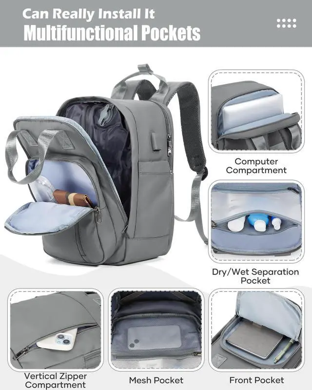 Alt view image 5 of 5 - hapfoxx Vacuum Travel Backpack with Pump,Personal Item Carry on Backpacks Flight Approved 18x14x8 inches Women,Laptop Waterproof Work Compression bags hiking Casual Daypack Grey