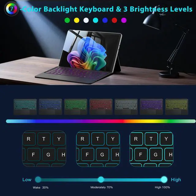 Alt view image 4 of 5 - MoKo Type Cover for Microsoft Surface Pro 12" 2025 Keybaord, Ultra Slim Wireless Bluetooth Surface Pro Keyboard with 7-Color LED Backlit & Multi-Touch Trackpad Rechargeable Battery, Black