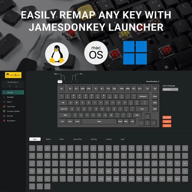 Alt view image 3 of 5 - JamesDonkey J1 Low-Profile Wireless Mechanical Keyboard - QMK/VIA RGB Backlit, Hot-Swappable Banana Switch, Wireless Triple Mode, Double-Shot PBT Keycaps, 75% Layout Mac/Win/Linux for Gaming - Black