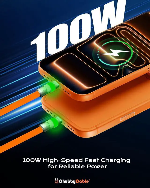 Alt view image 2 of 5 - chubbycable Neon Chubby - Fast Charge UFO Neon Cable Durable Charging Cable Ultra-Thick Silicone LED Light Up Phone Charger Cord, Orange, Type-C to Type-C, 1.6FT