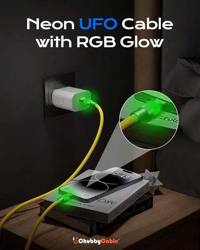 Alt view image 4 of 5 - chubbycable Neon Chubby - Fast Charge UFO Neon Cable Durable Charging Cable Ultra-Thick Silicone LED Light Up Phone Charger Cord, Orange, Type-C to Type-C, 1.6FT