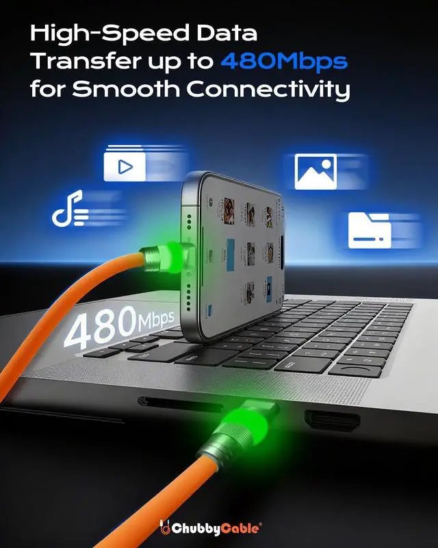 Alt view image 5 of 5 - chubbycable Neon Chubby - Fast Charge UFO Neon Cable Durable Charging Cable Ultra-Thick Silicone LED Light Up Phone Charger Cord, Orange, Type-C to Type-C, 1.6FT