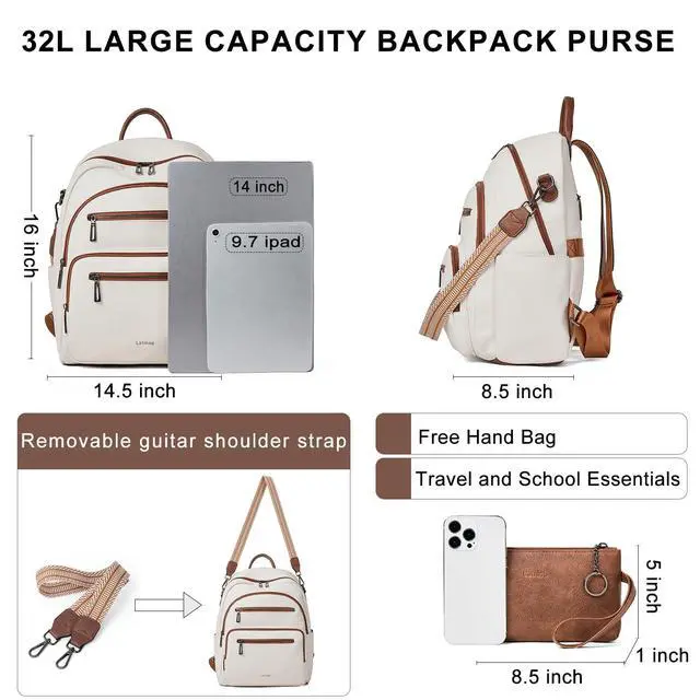 Alt view image 3 of 5 - LATMAP Backpack Purse for Women Laptop Backpack, Leather Travel Backpack Shoulder Bag Teacher College Daypack Work Handbag fits 14" Laptop-Beige