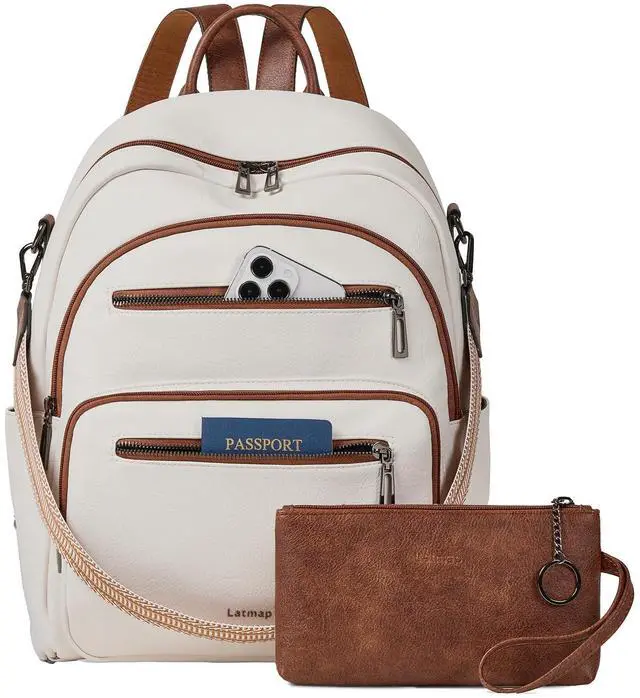 Main image of LATMAP Backpack Purse for Women Laptop Backpack, Leather Travel Backpack Shoulder Bag Teacher College Daypack Work Handbag fits 14" Laptop-Beige