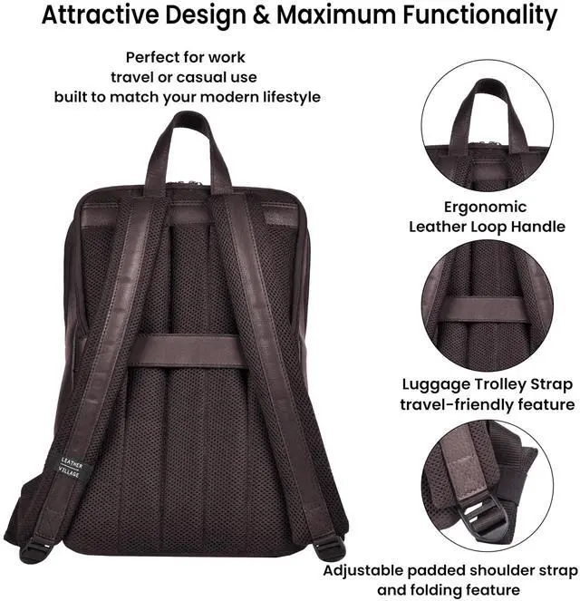 Alt view image 3 of 5 - LEATHER VILLAGE Leather Laptop Backpack for Men |Dark Brown | Slim Professional Business Bag Fits 15.6-Laptop | Water-Repellent Work & Travel Daypack with Trolley Strap