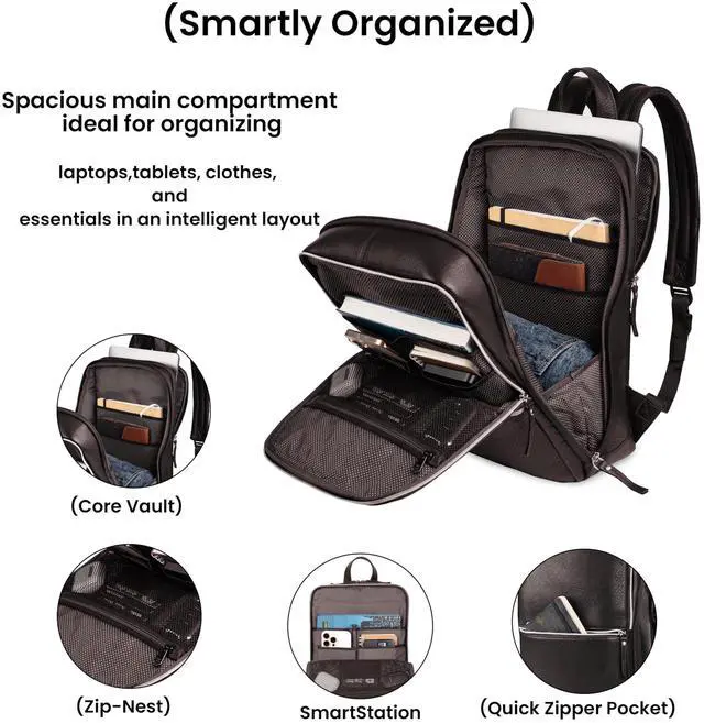 Alt view image 5 of 5 - LEATHER VILLAGE Leather Laptop Backpack for Men |Dark Brown | Slim Professional Business Bag Fits 15.6-Laptop | Water-Repellent Work & Travel Daypack with Trolley Strap