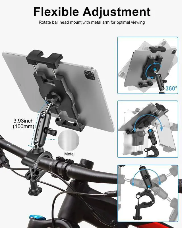 Alt view image 3 of 5 - Bike Tablet Mount, Super Stable Handlebar Motorcycle Tablet Holder with Metal Arm, Scooter Bicycle Tablets Clamp with 360 Degree Adjustable for iPad Pro Air Mini, iPhone, Galaxy Tab, 4.7-13" Devices
