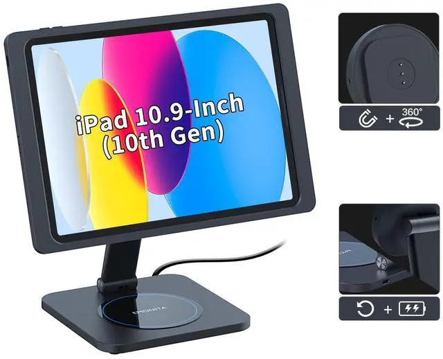 Main image of EMONITA Foldable Magnetic Stand with Charging Case A8 for iPad (10th Generation) 10.9-Inch. Strong Magnets, 360 Rotation, 90 Tilt, 45W Fast Charger Adapter USB C Cable Included