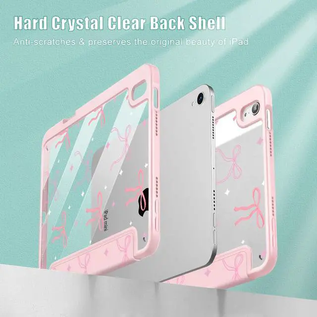 Alt view image 4 of 5 - Tuiklol Clear Case for iPad mini 7 (A17 Pro 7th Generation) 2024 / iPad mini 6 (6th Generation) 2021 8.3 Inch,Built-in Pencil Holder Slim Transparent Back Shell Cover Auto Wake/Sleep, Pink Bows
