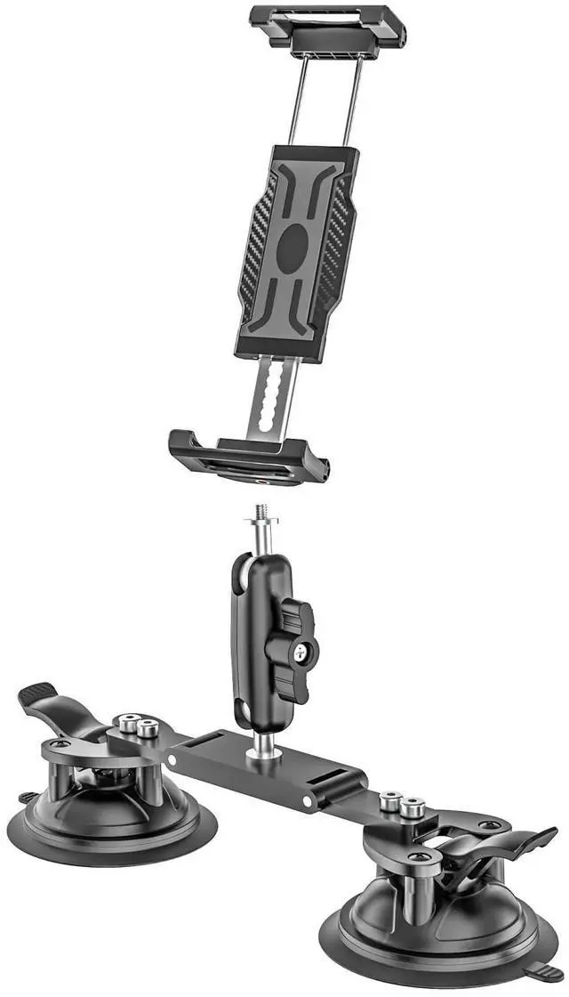 Main image of Kolasels Dual Suction Cup Camera Mount with Metal Ball Head Magic Arm, Heavy Duty Car Mount with Tablet Holder & Action Cam Adapter Compatible with DJI/GoPro/Insta360/iPad, On Windshield, Door Windows