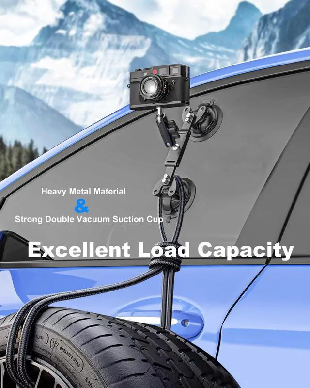 Alt view image 2 of 5 - Kolasels Dual Suction Cup Camera Mount with Metal Ball Head Magic Arm, Heavy Duty Car Mount with Tablet Holder & Action Cam Adapter Compatible with DJI/GoPro/Insta360/iPad, On Windshield, Door Windows