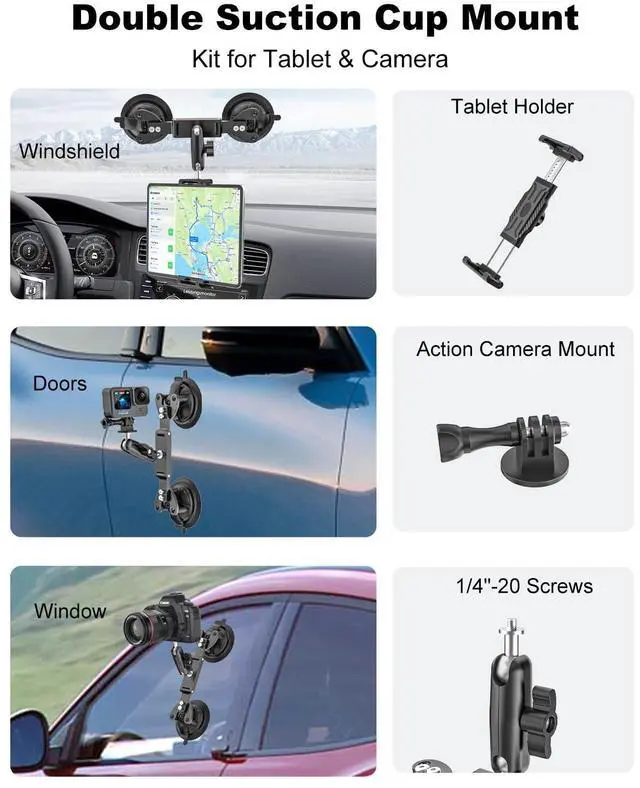 Alt view image 4 of 5 - Kolasels Dual Suction Cup Camera Mount with Metal Ball Head Magic Arm, Heavy Duty Car Mount with Tablet Holder & Action Cam Adapter Compatible with DJI/GoPro/Insta360/iPad, On Windshield, Door Windows
