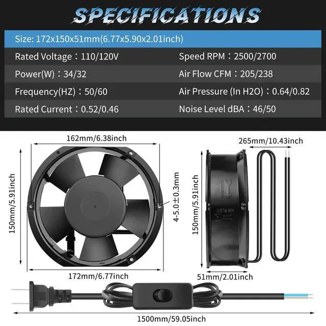 Alt view image 5 of 5 - WDERAIR High Speed Axial Muffin Fan 172mm x 150mm x 51mm with Switch 110V 120V for DIY Cooling Ventilation Exhaust Projects for Chicken CoopCrawl SpaceIndustrialDoorway Server