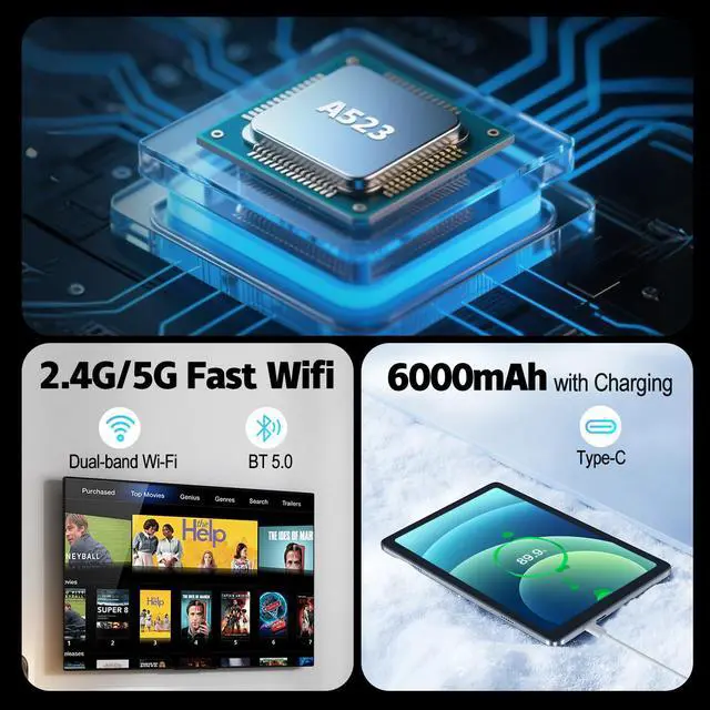 Alt view image 3 of 5 - 10 inch Tablet, Android 14 Tablet, 8GB RAM 128GB ROM 1TB Expansion, Octa-core Processor, 1280x800 HD Touch Screen, 5MP+8MP Dual Camera, WiFi 6, BT 5.0, 6000mAh Battery & Quad Speakers, Metal Grey