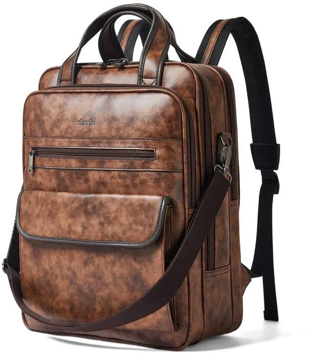 Main image of Shrrie Laptop Backpack for Women and Men, 15.6 Inch Vegan Leather Computer Backpack Professional Water-Resistant Casual Daypack for Work Business College Travel Office,Two-toned Brown