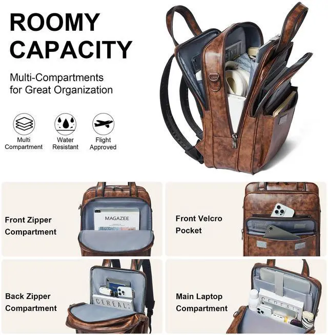 Alt view image 3 of 5 - Shrrie Laptop Backpack for Women and Men, 15.6 Inch Vegan Leather Computer Backpack Professional Water-Resistant Casual Daypack for Work Business College Travel Office,Two-toned Brown