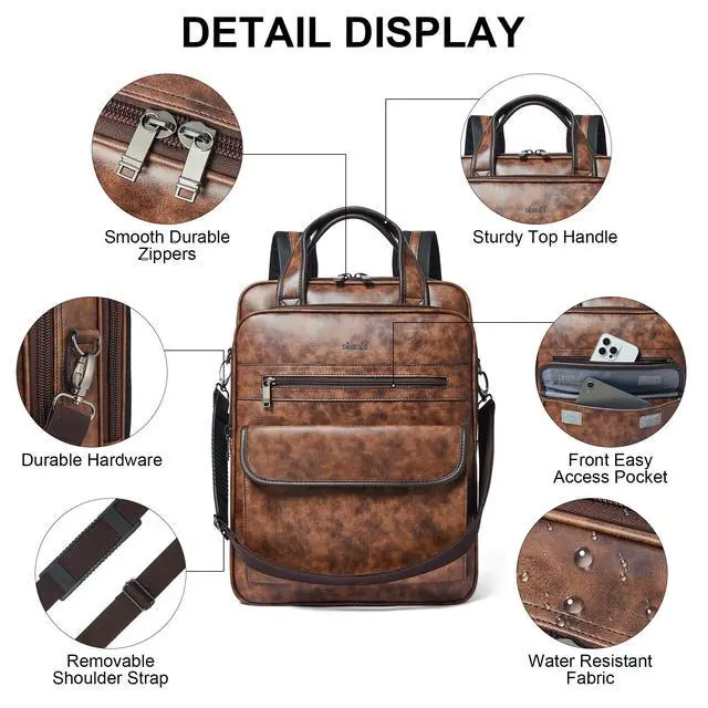 Alt view image 5 of 5 - Shrrie Laptop Backpack for Women and Men, 15.6 Inch Vegan Leather Computer Backpack Professional Water-Resistant Casual Daypack for Work Business College Travel Office,Two-toned Brown