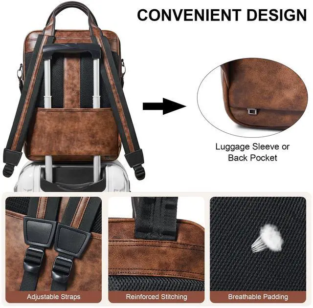 Alt view image 4 of 5 - Shrrie Laptop Backpack for Women and Men, 15.6 Inch Vegan Leather Computer Backpack Professional Water-Resistant Casual Daypack for Work Business College Travel Office,Two-toned Brown