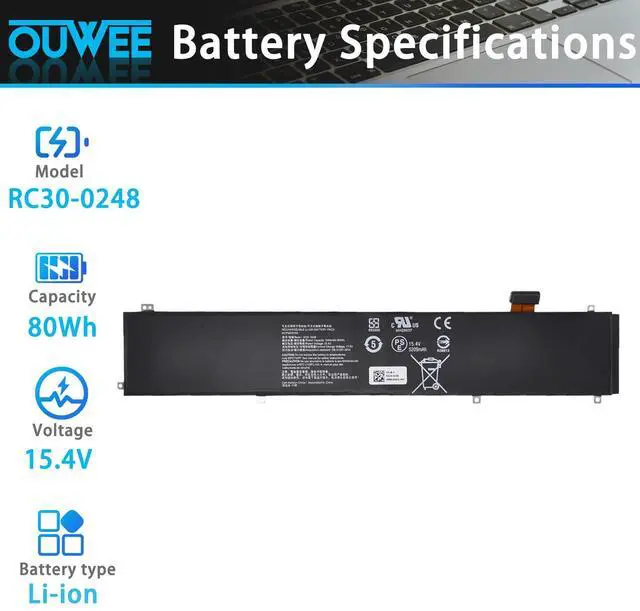 Alt view image 2 of 5 - OUWEE RC30-0248 Battery Replacement for Razer Blade 15 2018 Advanced RZ09-02386E92 RZ09-02385 RZ09-02386 RZ09-02886 RZ09-02887 RZ09-02888 RZ09-0301 RZ09-0313 Series 4ICP4/55/162 15.4V 80Wh