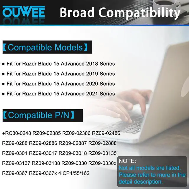 Alt view image 3 of 5 - OUWEE RC30-0248 Battery Replacement for Razer Blade 15 2018 Advanced RZ09-02386E92 RZ09-02385 RZ09-02386 RZ09-02886 RZ09-02887 RZ09-02888 RZ09-0301 RZ09-0313 Series 4ICP4/55/162 15.4V 80Wh