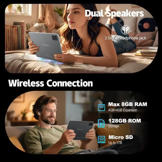 Alt view image 2 of 5 - 10 inch Tablet, Android 14 Tablet, 8GB RAM 128GB ROM 1TB Expansion, Octa-core Processor, 1280x800 HD Touch Screen, 5MP+8MP Dual Camera, WiFi 6, BT 5.0, 6000mAh Battery & Quad Speakers, Metal Grey