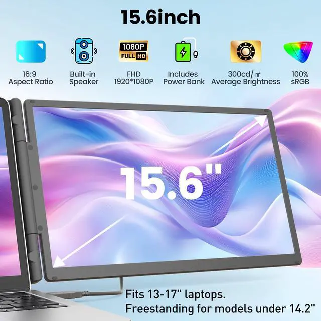 Alt view image 2 of 4 - KEFEYA 15.6" Laptop Screen Extender, Includes Power Bank, FHD 1080P IPS Triple Laptop Monitor Extender for 13-17" Laptops, Plug & Play with HDMI/USB-A/TYPE-C/Hub, Compatible with Windows, Mac, Android