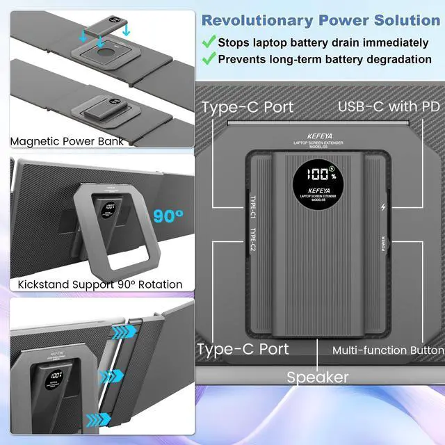 Alt view image 4 of 4 - KEFEYA 15.6" Laptop Screen Extender, Includes Power Bank, FHD 1080P IPS Triple Laptop Monitor Extender for 13-17" Laptops, Plug & Play with HDMI/USB-A/TYPE-C/Hub, Compatible with Windows, Mac, Android