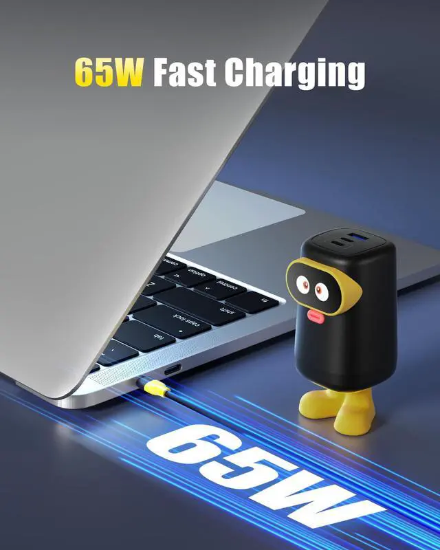 Alt view image 2 of 5 - V-checker 65W USB C Charger Block, 3-Port GaN Charger Compact Foldable Fast Charger for MacBook Pro/Air, Pixelbook, iPad Pro, iPhone 16/15/Pro, Galaxy S25/S24, Black Yellow