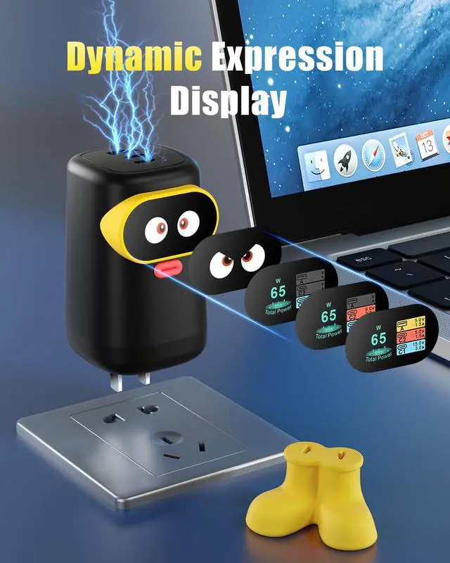 Alt view image 3 of 5 - V-checker 65W USB C Charger Block, 3-Port GaN Charger Compact Foldable Fast Charger for MacBook Pro/Air, Pixelbook, iPad Pro, iPhone 16/15/Pro, Galaxy S25/S24, Black Yellow