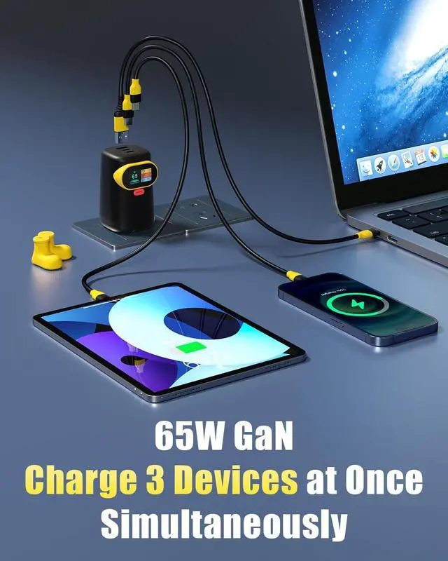 Alt view image 4 of 5 - V-checker 65W USB C Charger Block, 3-Port GaN Charger Compact Foldable Fast Charger for MacBook Pro/Air, Pixelbook, iPad Pro, iPhone 16/15/Pro, Galaxy S25/S24, Black Yellow