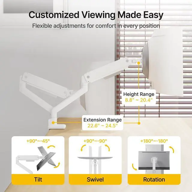 Alt view image 2 of 5 - monTEK Single Monitor Arm for Max 45 Inch Ultrawide Screens Adjustable Monitor Desk Mount Holds 35 Lbs Cable Management with C Clamp/Grommet Desk Mount, VESA 75/100mm, MA1007WH