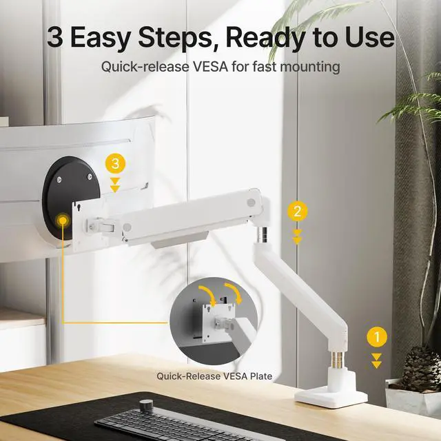 Alt view image 4 of 5 - monTEK Single Monitor Arm for Max 45 Inch Ultrawide Screens Adjustable Monitor Desk Mount Holds 35 Lbs Cable Management with C Clamp/Grommet Desk Mount, VESA 75/100mm, MA1007WH