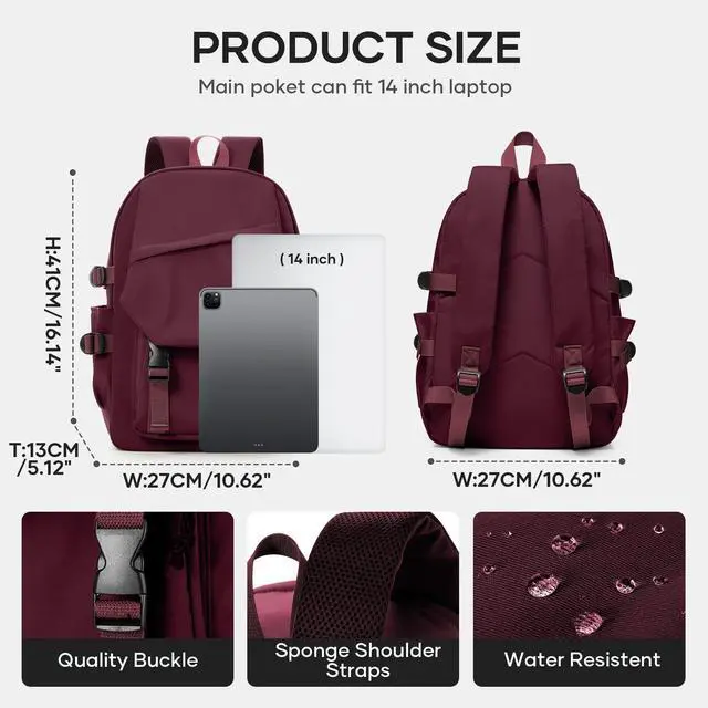 Alt view image 4 of 5 - coowoz Lightweight School Bag Casual Daypack College Laptop Backpack for Men Women Water Resistant Travel Rucksack for Sports High School Middle Bookbag for girls(Red)