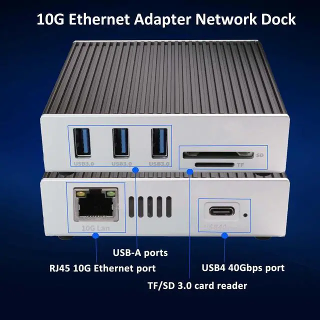 Alt view image 2 of 5 - 10Gb/10G Ethernet Adapter Dock Compatible with Thunderbolt5/4/3 and USB4.0,RJ45,USB-A,TF and SD 3.0 Card Reader Support 10G/5G/2.5G/1G,100Mb/s for MacOS, Windows, Linux,NAS