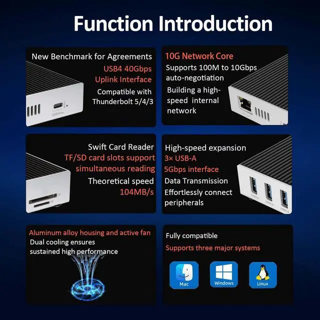 Alt view image 3 of 5 - 10Gb/10G Ethernet Adapter Dock Compatible with Thunderbolt5/4/3 and USB4.0,RJ45,USB-A,TF and SD 3.0 Card Reader Support 10G/5G/2.5G/1G,100Mb/s for MacOS, Windows, Linux,NAS