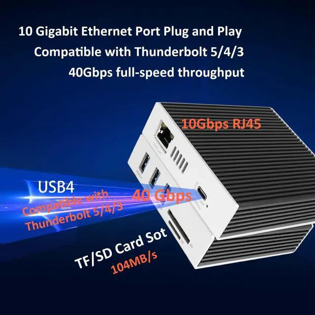 Alt view image 4 of 5 - 10Gb/10G Ethernet Adapter Dock Compatible with Thunderbolt5/4/3 and USB4.0,RJ45,USB-A,TF and SD 3.0 Card Reader Support 10G/5G/2.5G/1G,100Mb/s for MacOS, Windows, Linux,NAS