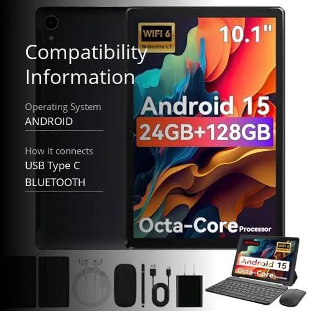 Alt view image 3 of 5 - URAO Android 15 10.1" Tablet with Octa-core Processor 24GB RAM 128GB ROM HD IPS Touchscreen 8H Battery, Wi-Fi 6, BT 5.0, Dual Camera, Android Tablets with Keyboard Mouse Stylus Case Headphone