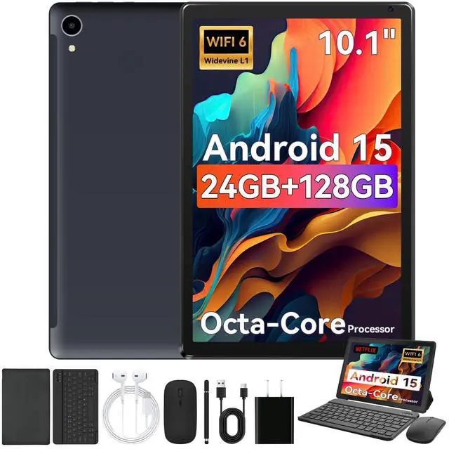 Main image of URAO Android 15 10.1" Tablet with Octa-core Processor 24GB RAM 128GB ROM HD IPS Touchscreen 8H Battery, Wi-Fi 6, BT 5.0, Dual Camera, Android Tablets with Keyboard Mouse Stylus Case Headphone