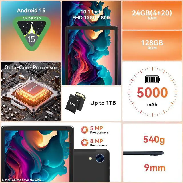 Alt view image 2 of 5 - URAO Android 15 10.1" Tablet with Octa-core Processor 24GB RAM 128GB ROM HD IPS Touchscreen 8H Battery, Wi-Fi 6, BT 5.0, Dual Camera, Android Tablets with Keyboard Mouse Stylus Case Headphone