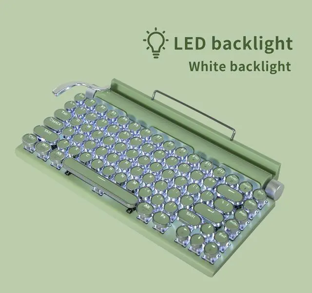 Alt view image 3 of 5 - Adventurers Retro Typewriter-Style Mechanical Keyboard, 83 Keys, 75% Compact Layout, Bluetooth 5.0 and Wired, Hot-Swappable Blue Switch, White Backlit for Windows/Mac/iPad/PC/Laptop (Mint Green)