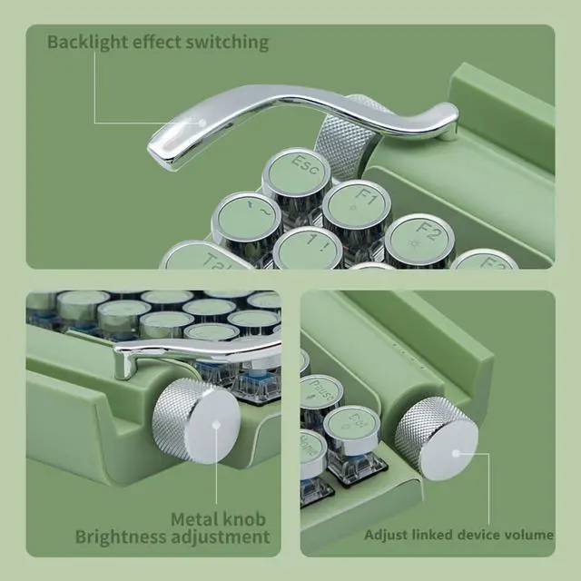 Alt view image 4 of 5 - Adventurers Retro Typewriter-Style Mechanical Keyboard, 83 Keys, 75% Compact Layout, Bluetooth 5.0 and Wired, Hot-Swappable Blue Switch, White Backlit for Windows/Mac/iPad/PC/Laptop (Mint Green)