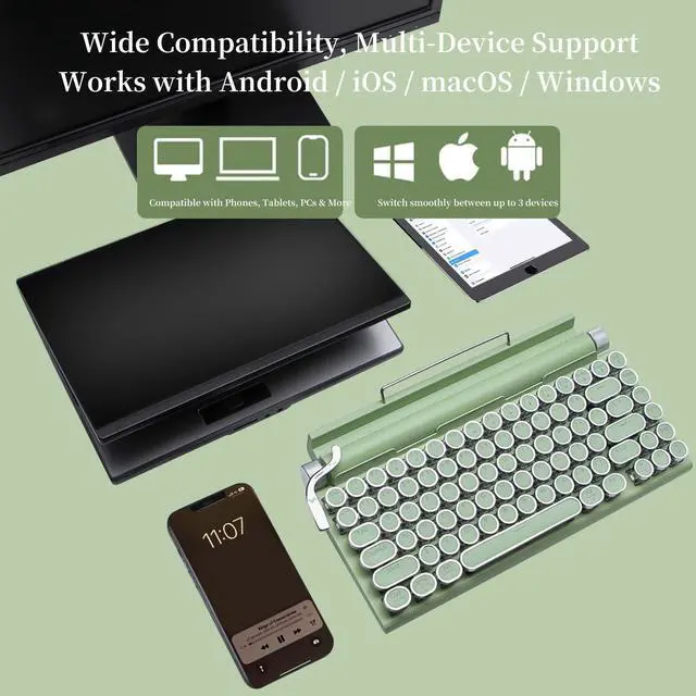 Alt view image 5 of 5 - Adventurers Retro Typewriter-Style Mechanical Keyboard, 83 Keys, 75% Compact Layout, Bluetooth 5.0 and Wired, Hot-Swappable Blue Switch, White Backlit for Windows/Mac/iPad/PC/Laptop (Mint Green)