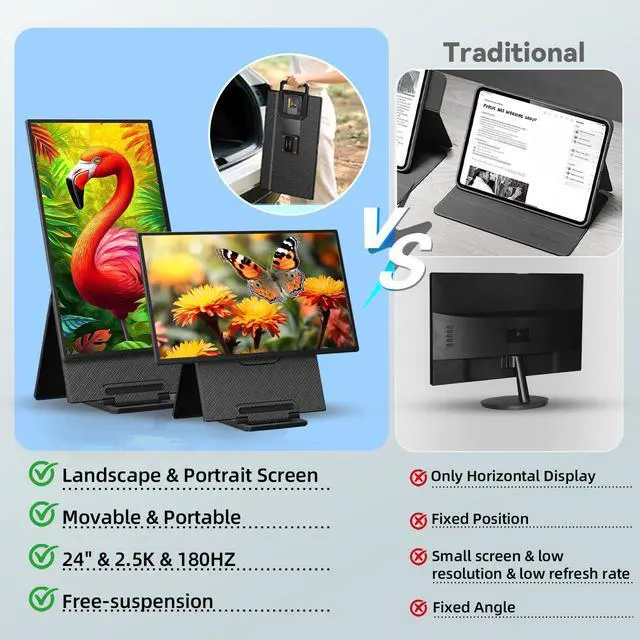Alt view image 2 of 5 - 24" 180Hz Gaming Monitor, 2.5K 2560x1440 QHD Fast IPS 112.5% sRGB Large Portable Monitor, Height & Rotation Adjustable Stand Type-C HDMI Eye Care External Screen for Laptop Phone PS4&5 Switch Xbox