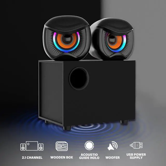 Alt view image 3 of 5 - GSJADYH 2.1 Computer Speakers, Gaming Stereo System with RGB Subwoofer, Wired USB Powered 3.5mm Auxiliary Speakers for PCs, Laptops, Tablets, Phones - Black