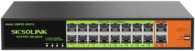 Main image of 16 Port POE Switch with 2 Gigabit Uplink, IEEE 802.3af/at 100Mbps, 250W Built-in Power,Unmanaged, Extend to 250M for PC Network, AP, IP Phone, Rackmount.