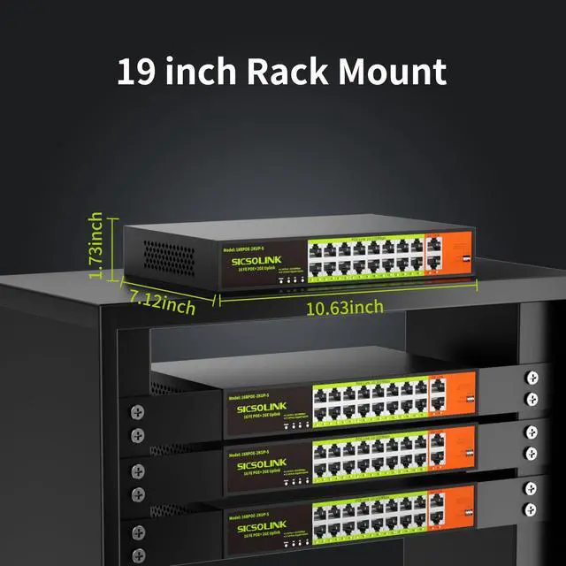 Alt view image 5 of 5 - 16 Port POE Switch with 2 Gigabit Uplink, IEEE 802.3af/at 100Mbps, 250W Built-in Power,Unmanaged, Extend to 250M for PC Network, AP, IP Phone, Rackmount.