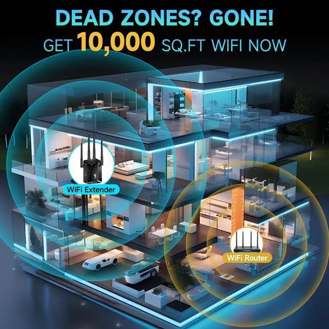 Alt view image 2 of 5 - WiFi Extender Signal Booster for Whole Home & Backyard - 10K Sq.Ft Coverage w/4 Antennas | 90% Faster Internet Booster w/Ethernet Port, Easy Setup Wireless Repeater Works with Any Router